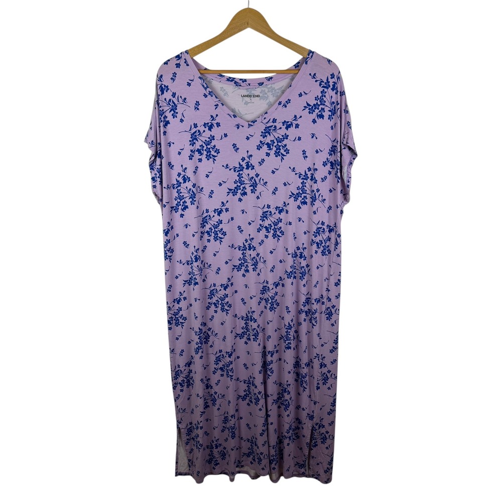 Lands End Floral Maxi Dress‎ Size XL Purple V-Neck Soft Stretch Lounge Resort